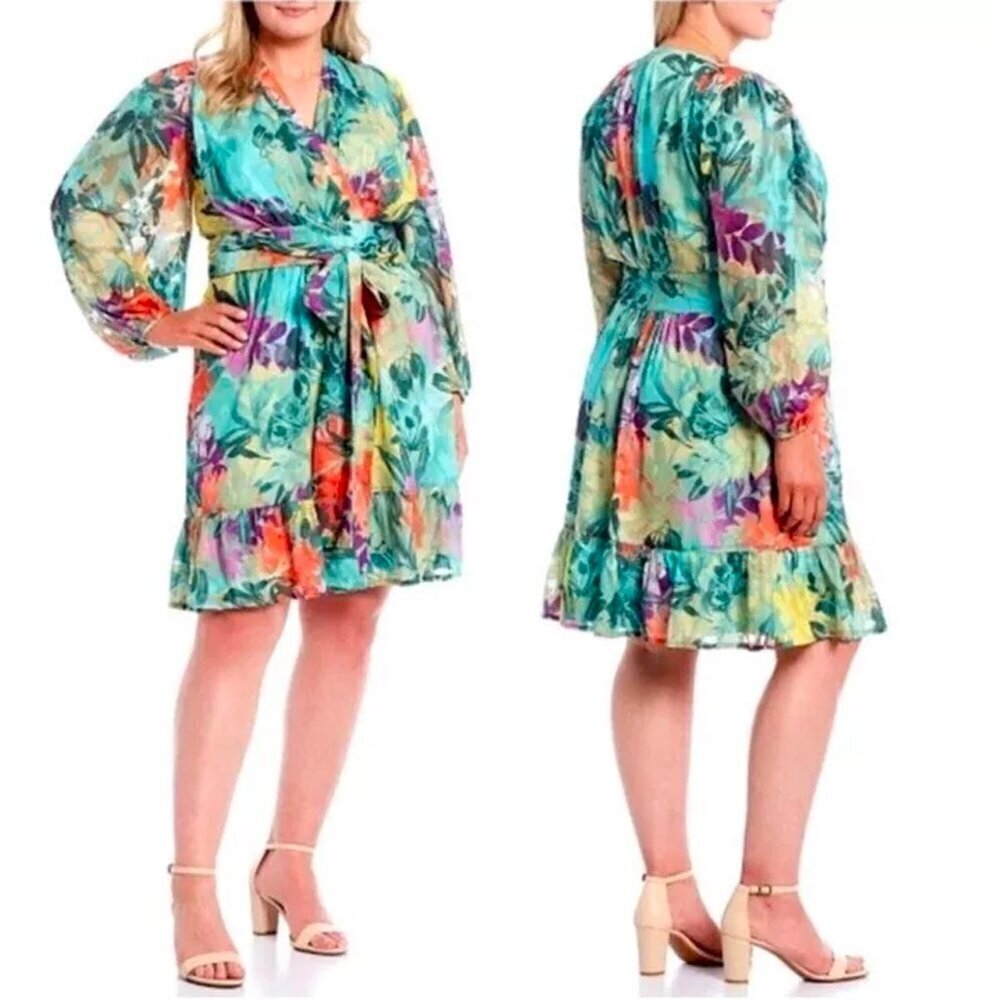 NEW Alex Marie Size 24W Green Simone Floral Long Sleeve Tie Waist V-Neck Dress